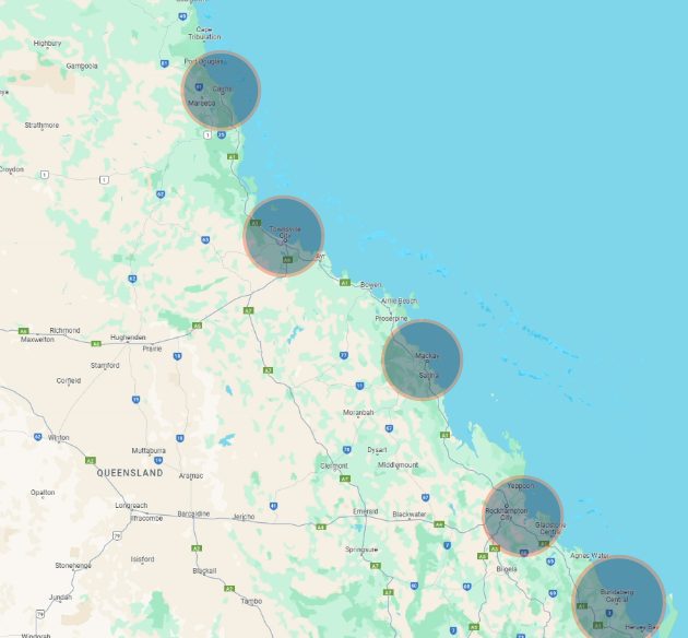 Map of VaxWorks service areas from Hervey Bay to Cairns.