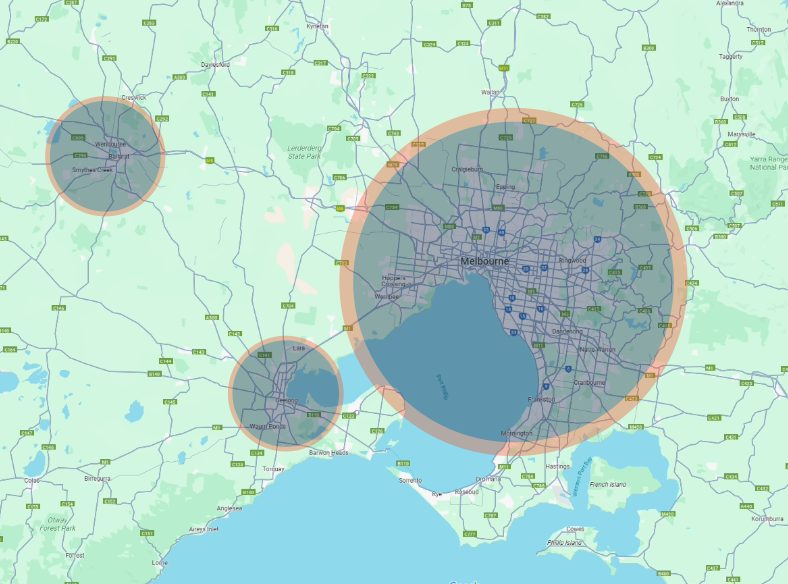 Map of Melbourne, Geelong, Ballarat and surrounds.