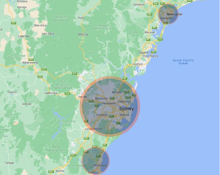 Map showing key VaxWorks locations in NSW