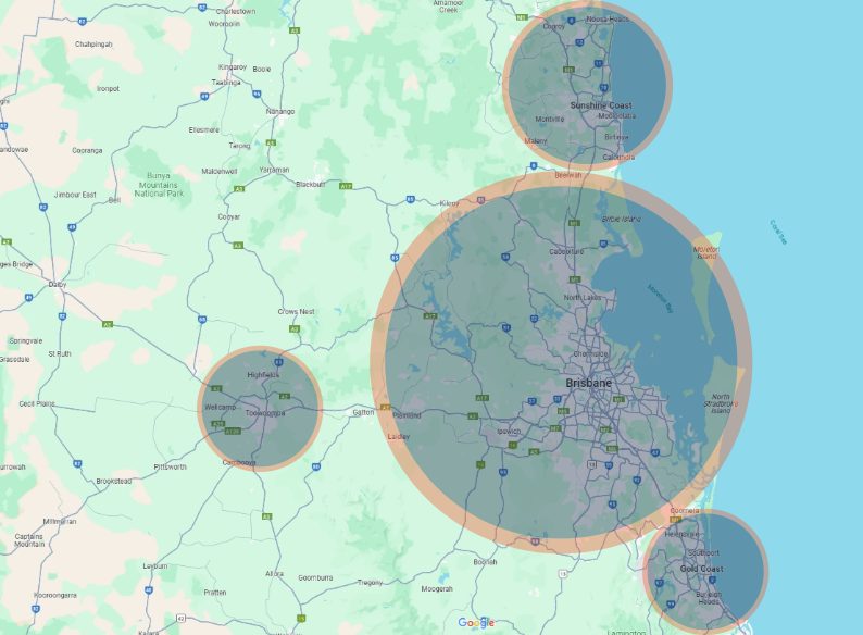 Map showing South-East Queensland VaxWorks service areas.