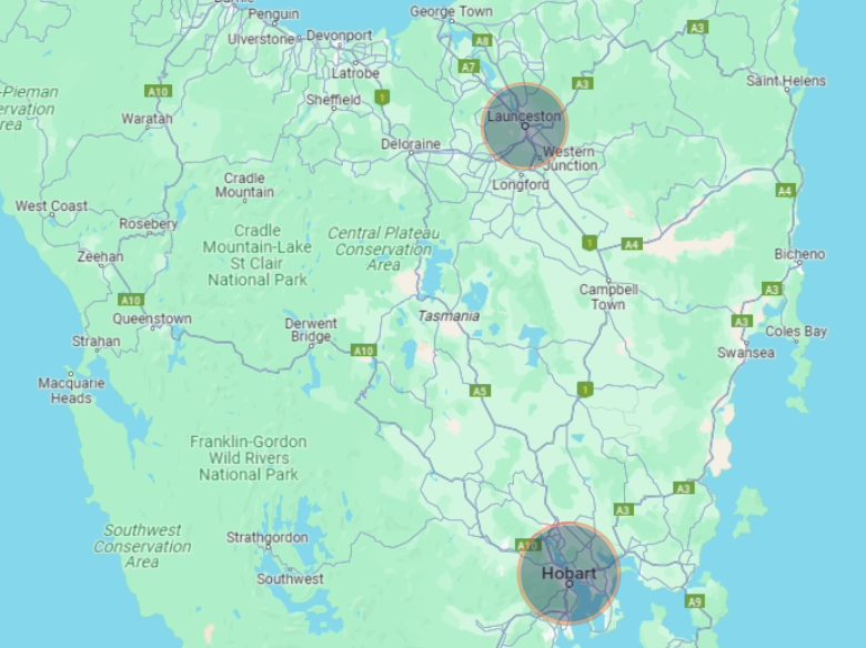 Map of Tasmania showing Hobart and Launceston - two of the main locations VaxWorks services in Tasmania.